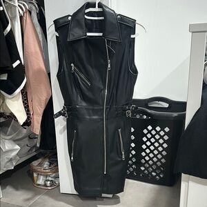 Black Leather Sleeveless Dress with Zipper Details